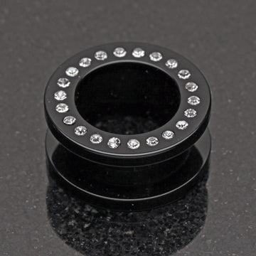 Detail View 1 of A Pair of Gems Encircle Screw-Fit Ear Gauge Tunnel Plug-Black/Clear